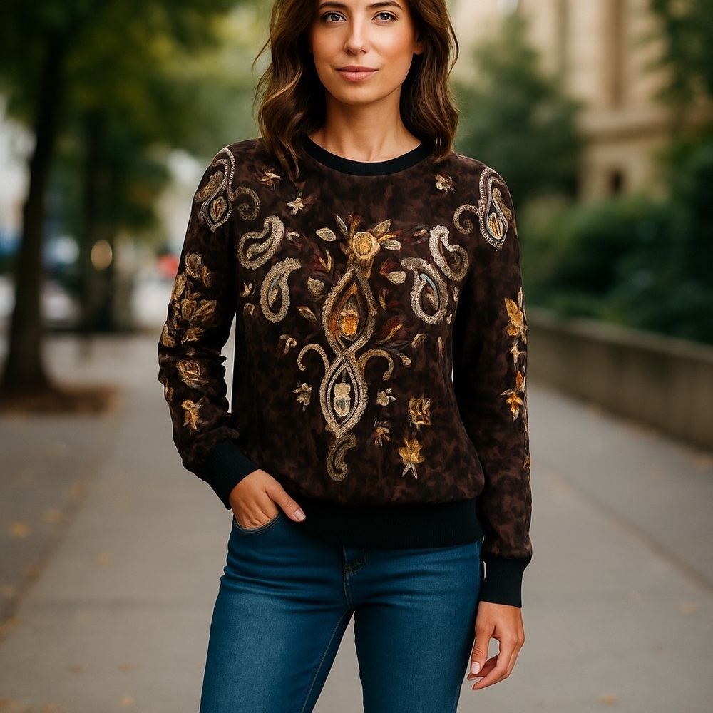 Johnny Was Brown Leopard Print Sweatshirt Size Large